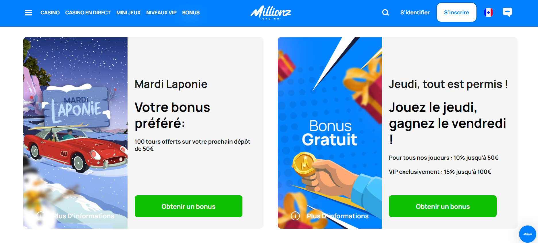 Découvrez les différents bonus de dépôt sans aucune condition sur Millionz Casino.
